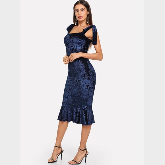 Rouge! Dresses & Skirts - Navy Blue Velvet Mermaid Tie Straps Midi Dress